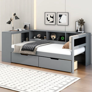 English Elm Wood Twin Size Platform Bed With Storage, Charging Station & Upholstered Headboard - Gray Design GX002107AAE-1-GIGA