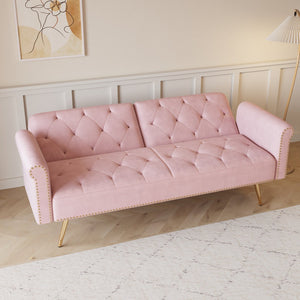 English Elm A Velvet 69.7" Sofa Bed with Gold Legs, Nailhead Trim, 2-Seater Convertible Sofa with Pillow Pink W3356P298450