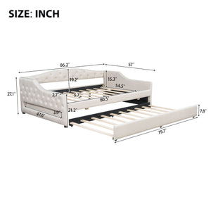 English Elm Upholstered Full XL Daybed with LED Belt and Trundle, Linen Backrest, Modern Silhouette, 450lb Capacity Beige DL002059AAA