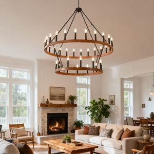 English Elm 47.24 Inch Two-tier Wagon Wheel Chandelier 36-light Wood Grain Metal Farmhouse Foyer Fixture W5008P392657