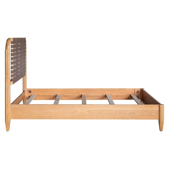 English Elm Woven Faux Leather Queen Bed with Caramel Maple Wood Frame, PU Upholstery, 6" Clearance & Sturdy Design B035S00058