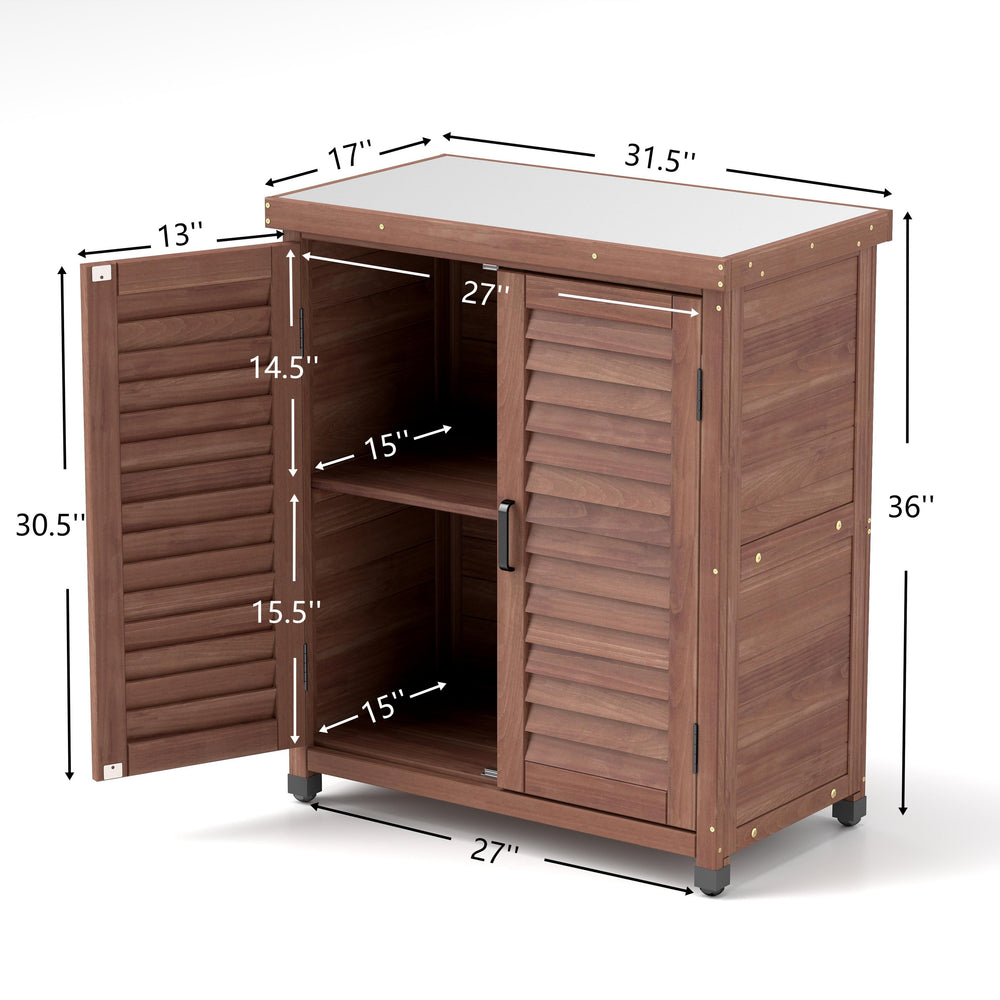 English Elm Potting Bench Solid Wood Workstation with Metal Top Louvered Cabinet Outdoor Garden Brown W2640P228401