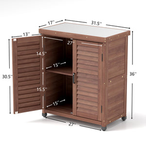 English Elm Potting Bench Solid Wood Workstation with Metal Top Louvered Cabinet Outdoor Garden Brown W2640P228401