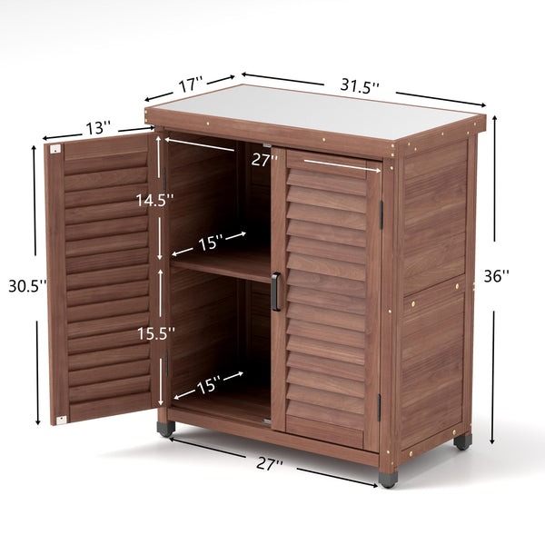English Elm Potting Bench Solid Wood Workstation with Metal Top Louvered Cabinet Outdoor Garden Brown W2640P228401