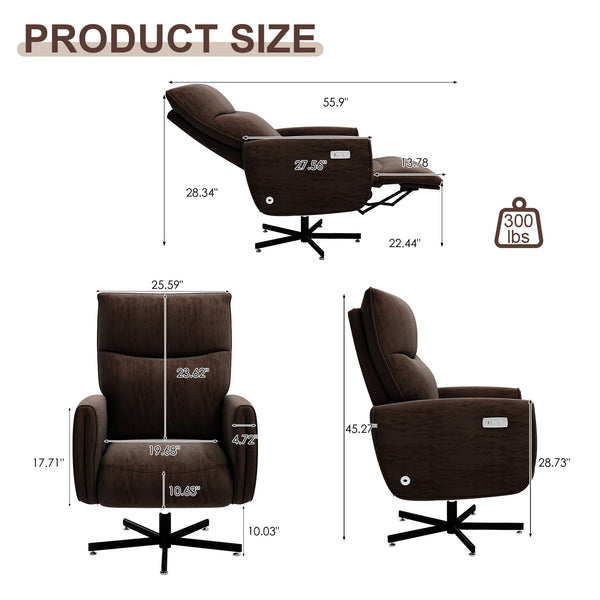 English Elm Power Swivel Velvet Recliner with Usb Charging for Living Room or Home Office Brown W3568P431989