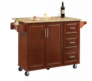 English Elm Kitchen Island Cart with Drop-Leaf Rubberwood Countertop, Rolling Tower Rack, Drawers & Spice Storage Brown W1820P195006