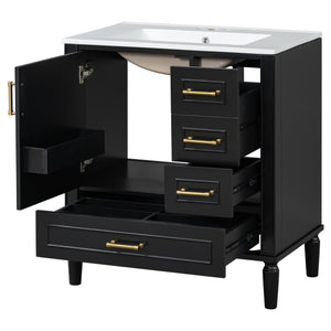 English Elm Traditional 30" Bathroom Vanity with Ceramic Basin, Soft-Close Door & Drawers, Gold Handles, Durable Wood Finish Black N729P184479B