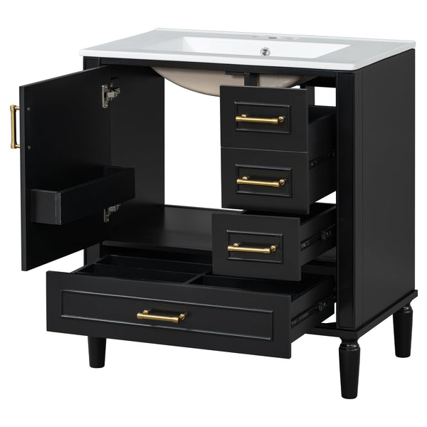 English Elm Traditional 30" Bathroom Vanity with Ceramic Basin, Soft-Close Door & Drawers, Gold Handles, Durable Wood Finish Black N729P184479B