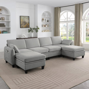 English Elm 102 Inch Linen Modular Sectional Sofa with Hidden Storage and Cloud Cushion Comfort Gray W1099S00215