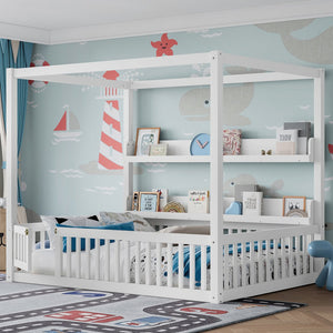 English Elm Full House Floor Bed with Door and Guardrails for Kids, Solid Wood Double Full, Safe Play Nook Light White W1580P359331