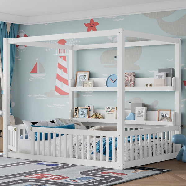 English Elm Full House Floor Bed with Door and Guardrails for Kids, Solid Wood Double Full, Safe Play Nook Light White W1580P359331