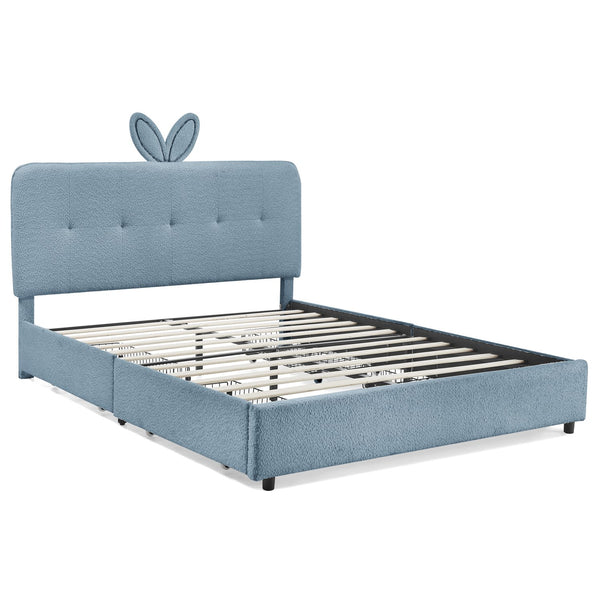 English Elm Queen Boucle Upholstered Kids Bed with Rabbit Ear Headboard Led Lighting Storage Drawers Navy W1413P384928