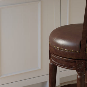 English Elm 26in. Solid Wood High-back Swivel Barstool Faux Leather Seat Nail Head Trim B2751P436428
