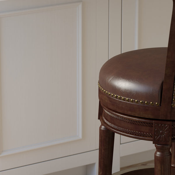 English Elm 26in. Solid Wood High-back Swivel Barstool Faux Leather Seat Nail Head Trim B2751P436428