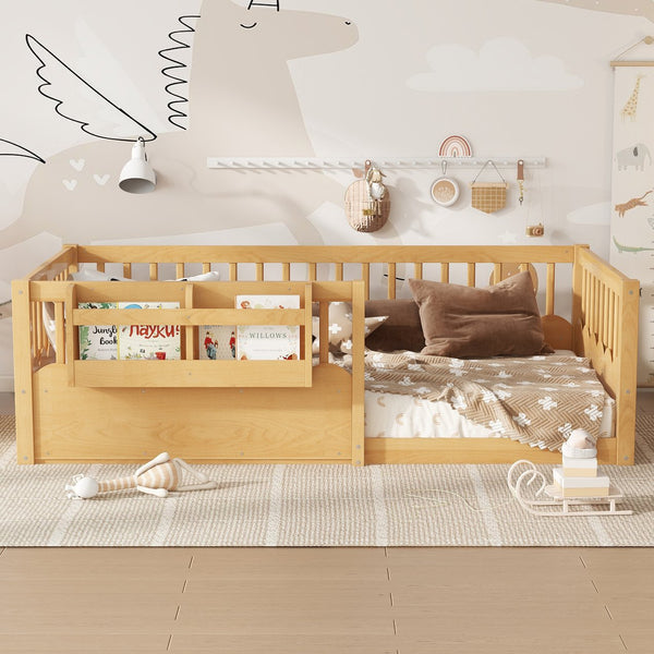 English Elm Twin Low Profile Kids Floor Bed Pine Wood Frame with Safety Rail and Built in Bookshelf Natural W1580P373137