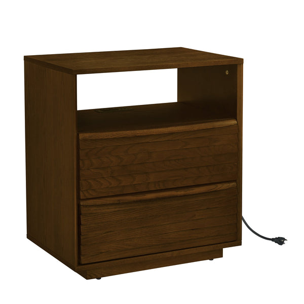 English Elm Mid Century Modern nightstand with USB charging, louver drawers, open shelf and hidden cord storage Walnut Brown W1801P303385