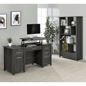 English Elm Dylan Weathered Grey 4-Shelf Bookshelf with Curved Glass Top, Bottom Drawer Storage, Modern 68" Tall B062P344934