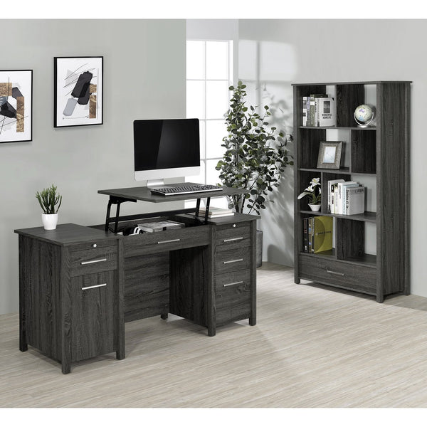 English Elm Dylan Weathered Grey 4-Shelf Bookshelf with Curved Glass Top, Bottom Drawer Storage, Modern 68" Tall B062P344934