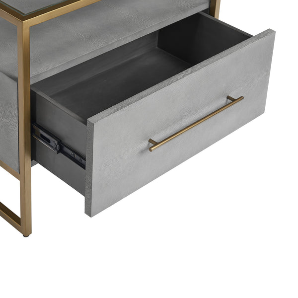 Sunpan Venice Nightstand – Glamorous Acacia Wood Design with Tempered Glass Top and Antique Brass Hardware Grey Shagreen