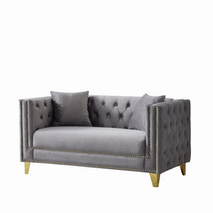 English Elm 58"Chesterfield Velvet Sofa Elegant Tufted 2-Seater Deep Seat with Nailhead Trim Solid Wood Frame Grey W3373S00029