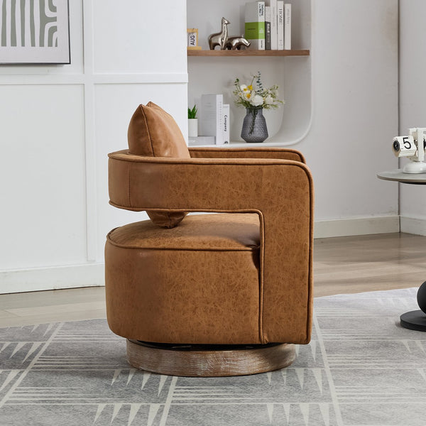 English Elm 28.9"w Swivel Barrel Accent Chair Faux Leather Open Back with Rubberwood Base Brown W3188P417874
