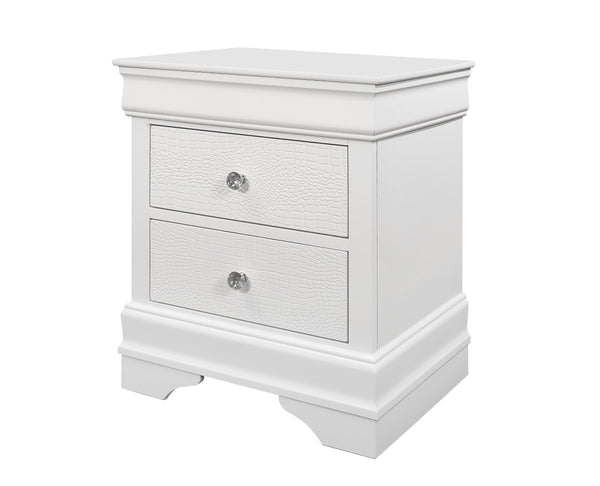 English Elm SHAKER Crocodile Textured Nightstand with Crystal Hardware, Solid Wood & MDF, Contemporary Tapered Legs White 29 L x 22 W x 22 H B201P215907
