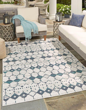Unique Loom Outdoor Trellis Cardak Machine Made Geometric Rug Ivory and Blue, Navy Blue/Gray/Green 9' 0" x 12' 2"