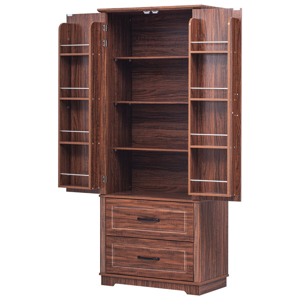English Elm K&K 71" Farmhouse Pantry Cabinet with Embossed Texture, 2 Drawers, 8 Door Racks, Adjustable Shelves, Anti-Tip Stability Brown N707P254905Z