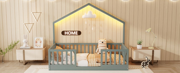 English Elm Twin Montessori Floor Bed House Frame with Led Lighting and Safety Rails for Kids Grey W2593P440597