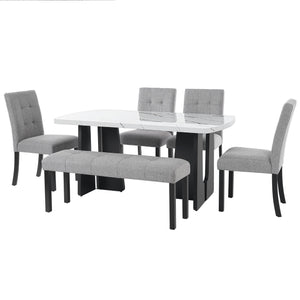 English Elm 6 Piece Dining Set with Rectangular Solid Wood Table, Upholstered Chairs & Bench, Rustic Charm, Easy Assembly, Seats 6 Gray,White N752S000011E