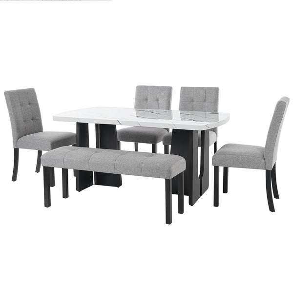 English Elm 6 Piece Dining Set with Rectangular Solid Wood Table, Upholstered Chairs & Bench, Rustic Charm, Easy Assembly, Seats 6 Gray,White N752S000011E