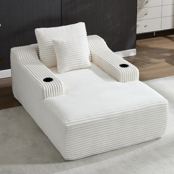 English Elm 67" Corduroy Oversized Chaise Sleeper Sofa Deep Seat Boneless Lounge with Cup Holder Pillows White W1803P409263