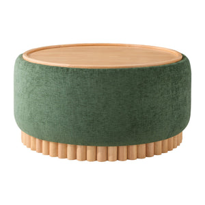 English Elm 29" Round Boucle Storage Ottoman Sculptural Wood Base Reversible Lid Living Room Green N723P405304G