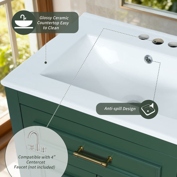 English Elm 24" Matte Single Sink Vanity Solid Poplar Frame Gold Hardware Soft Close Cabinet Green N710P389449F