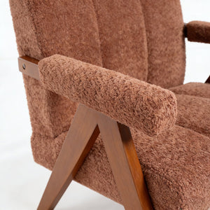 English Elm Mid-century Modern Chenille Lounge Chair Set Oak Frame Cloud Silhouette Living Room Rust Red W1170S00049