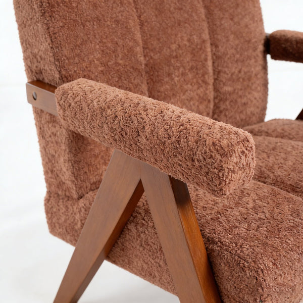 English Elm Mid-century Modern Chenille Lounge Chair Set Oak Frame Cloud Silhouette Living Room Rust Red W1170S00049
