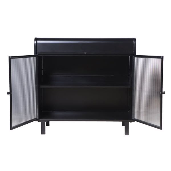 English Elm Modern Sideboard Buffet Cabinet Antique Black Steel Frame with Tempered Figured Glass Doors, Flip-Top Storage Console W3122P272901