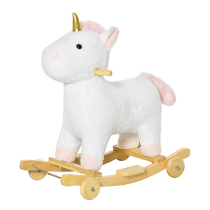 English Elm Qaba Plush Unicorn Rocker Ride on Toy with Wood Base Sound and Rolling Play W2225P229214