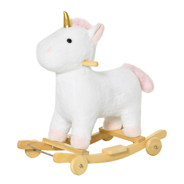 English Elm Qaba Plush Unicorn Rocker Ride on Toy with Wood Base Sound and Rolling Play W2225P229214