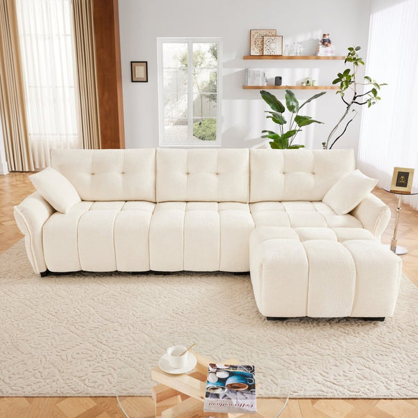 English Elm Three-Seater Sofa Set With Ottoman & Pillows – Elegant White Chenille, Solid Wood Frame, Modular Design W714S01137-GIGA