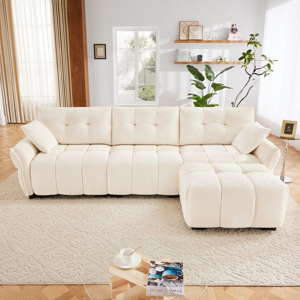 English Elm Three Seater Chenille Sofa with Ottoman Solid Wood Base Tufted Arms Living Room White W714S01653