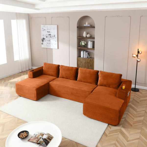 English Elm 132" Modular U-shaped Corduroy Cloud Sectional with Deep Seat Cupholders Assembly Free W1117S00346