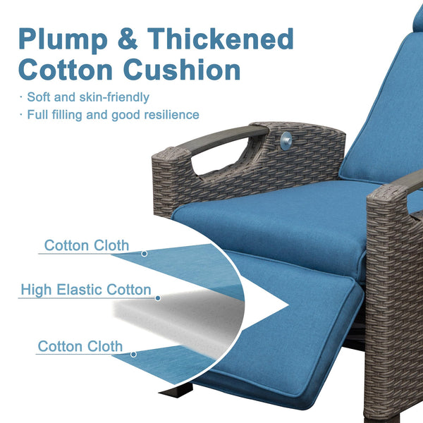 English Elm Outdoor Recliner Chair with Hand‑Woven Resin Wicker, Built‑In Flip Table, Thick Cushions, 150° Recline Blue W1859P196402