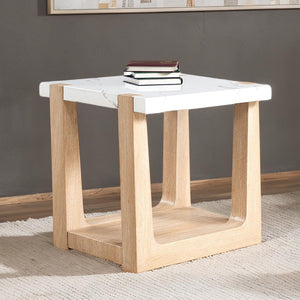 English Elm 1pc End Table with Faux Marble Top, Two-Tone Modern Accent Piece, 24” Square Stylish Living Room Natural,White 28 L x 28 W x 14 H B2741P402818