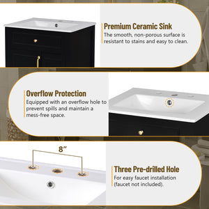 English Elm 24-Inch Bathroom Vanity with Ceramic Sink, Soft-Close Door & Drawers, Gold Handles, Durable Wood Elegance Black N729P192078B