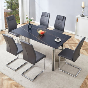 English Elm Table Set With Black Marble-Patterned Top & 6 Dark Gray Pu Chairs - Modern Dining Elegance & Comfort W1151S01962-GIGA