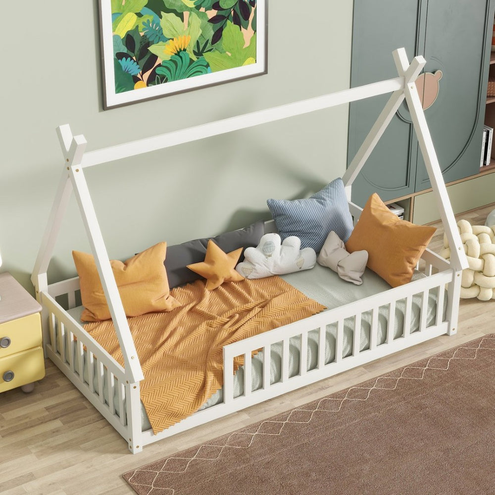 English Elm Twin Teepee Floor Bed With Guardrails - Cozy, Modern Design For Safe Independent Sleep Space W504P345776-GIGA