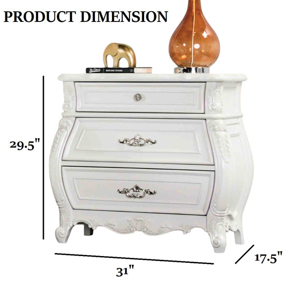 English Elm Traditional White Solid Wood Nightstand Hand Carved Drawers Acrylic Hardware Bedroom B2741P435292