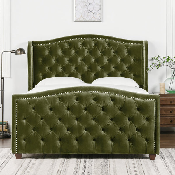 English Elm Jennifer Taylor Home - Marcella Upholstered Shelter Headboard Bed Set - Queen Size In Olive Green Velvet For Luxe Comfort B2719P238221