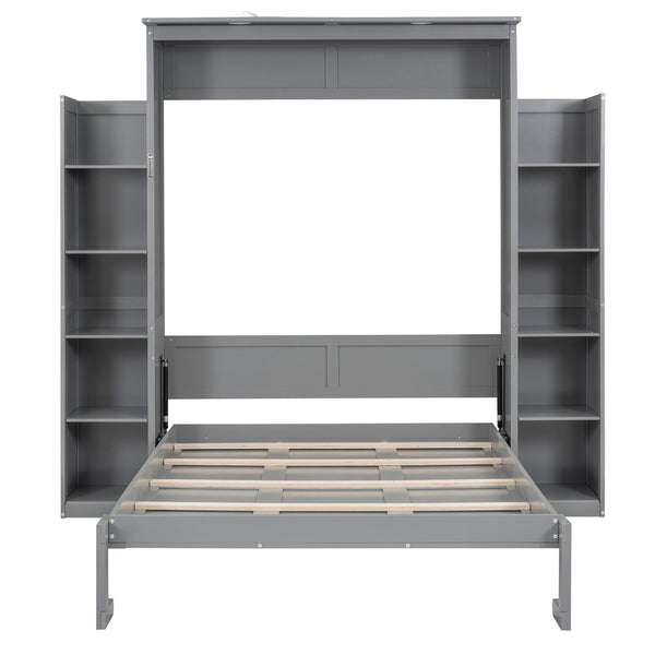 English Elm Full Size Murphy Wall Bed with Led Lighting Open Shelves Space Saving Cabinet Gray LP000694AAE-2